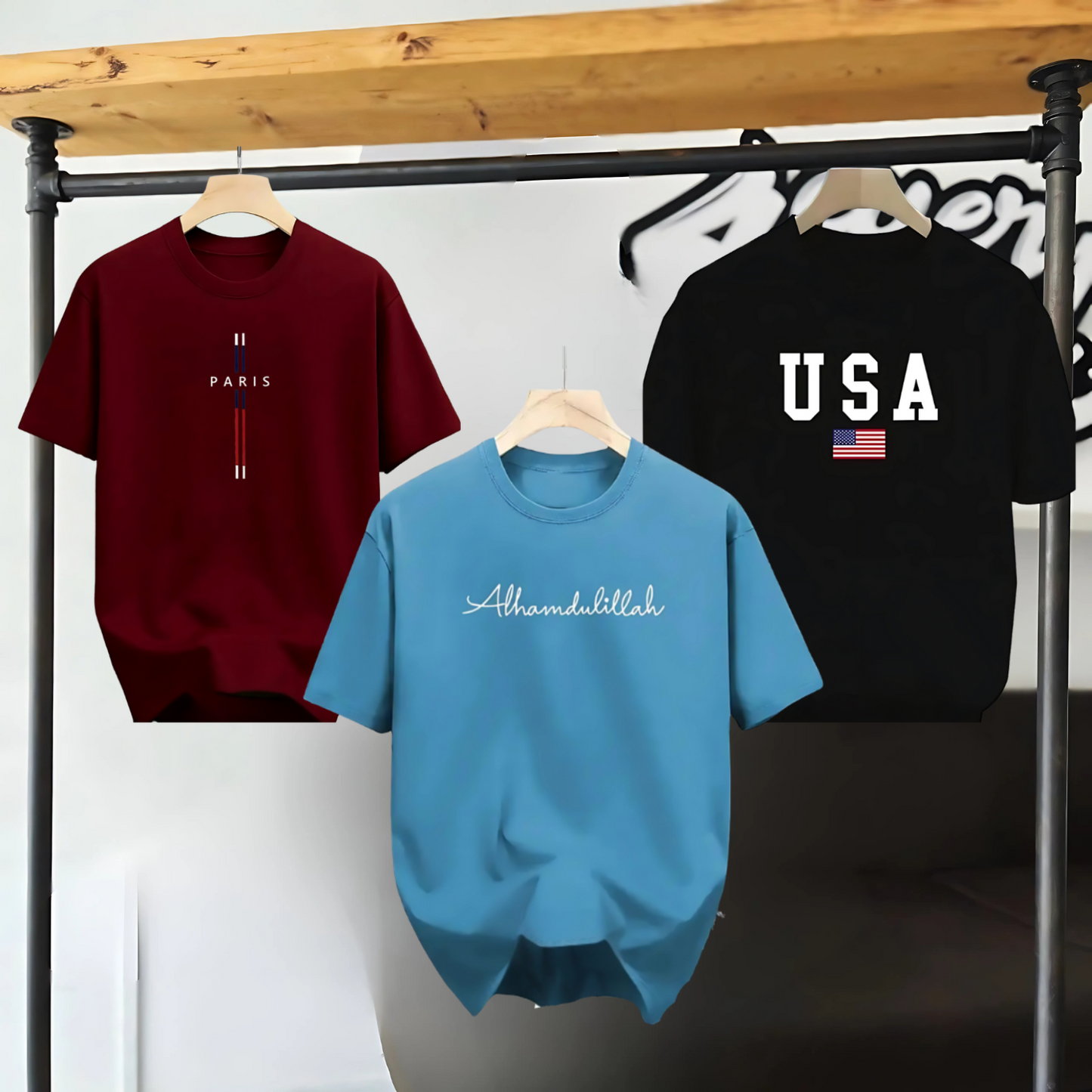 Drop Shoulder 3 Combo - USA Black + Paris Marron + Alhamdulillah Blue