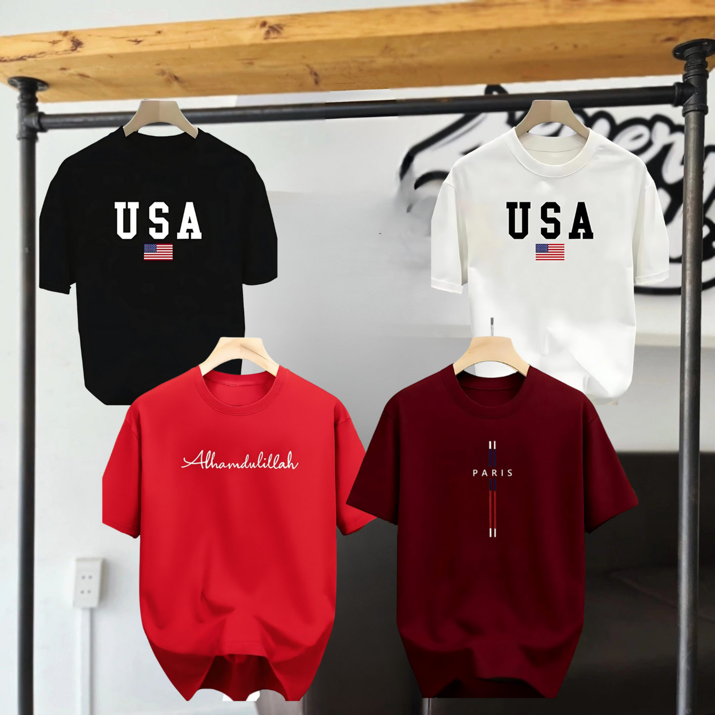 Drop Shoulder 4 Combo - USA Marron + Alhamdulillah Black + Alhamdulillah Red + Paris Marron