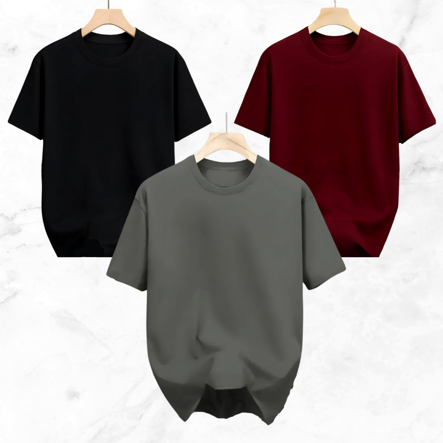 Drop Shoulder Solid T Shirt 3 Combo - Black, Ash, Marron
