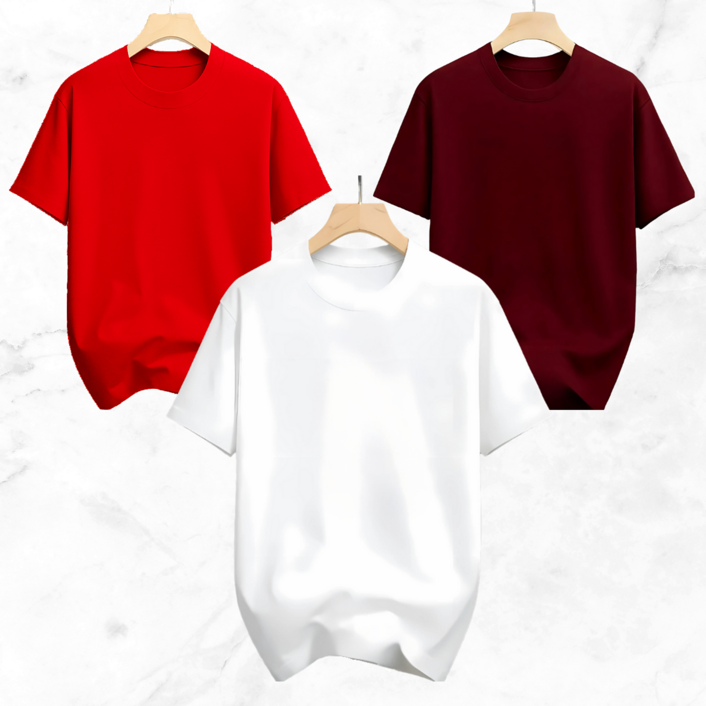 Drop Shoulder Solid T Shirt 3 Combo - Red, White, Marron