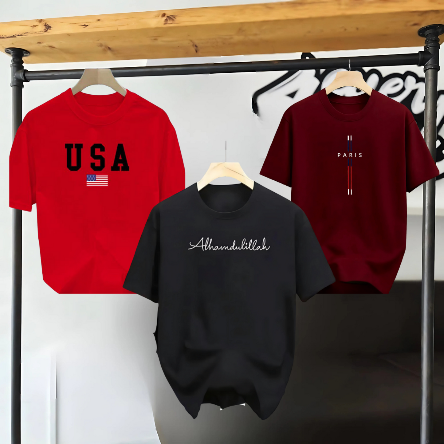 Drop Shoulder 3 Combo - USA Red + Paris Marron + Alhamdulillah Black