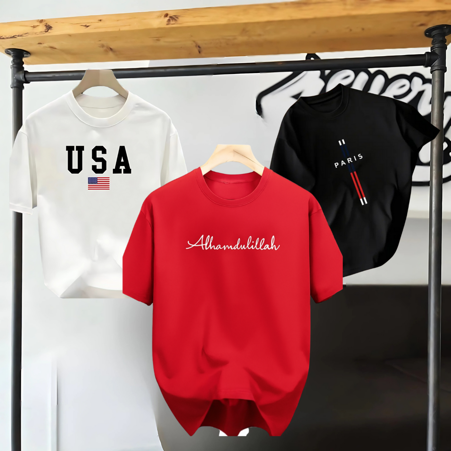 Drop Shoulder 3 Combo - USA White + Paris Black + Alhamdulillah Red