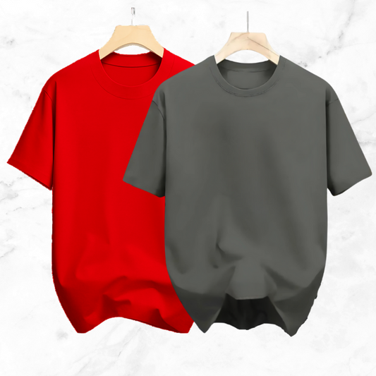 Drop Shoulder Solid T Shirt 2 Combo -  Red, Ash