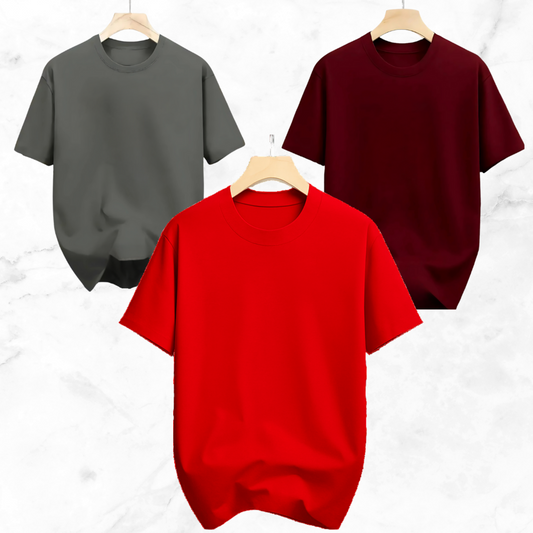 Drop Shoulder Solid T Shirt 3 Combo -  Red, Ash, Marron